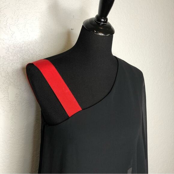 Erin Fetherston black sheer silk overlay one shoulder red strap dress size 6 - Picture 2 of 15